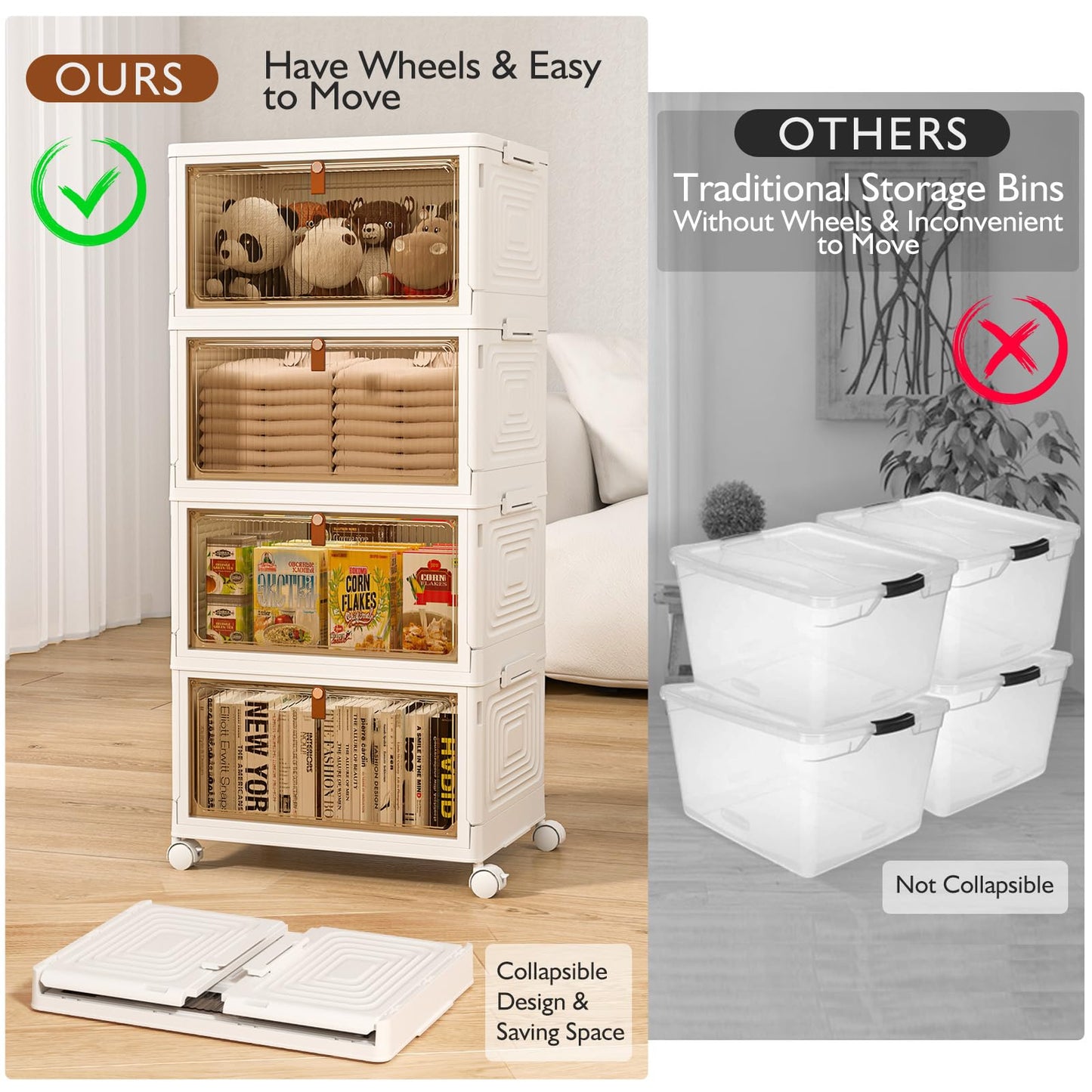 SavvyStor Storage Boxes with Lid - 4-Tier Plastic Storage Drawers, Stackable Boxes, Organiser for Bedroom Living Room