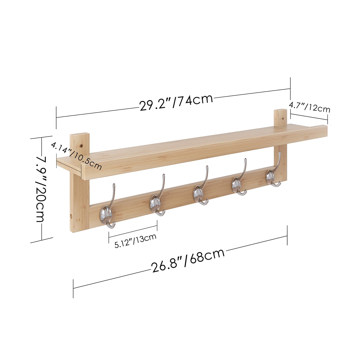 SMIBUY Coat Hooks with Shelf Wall-Mounted, 74 cm Entryway Coat Rack for Wall, Bamboo Hanging Shelf with 5 Double Metal Hooks for Bathroom, Bedroom