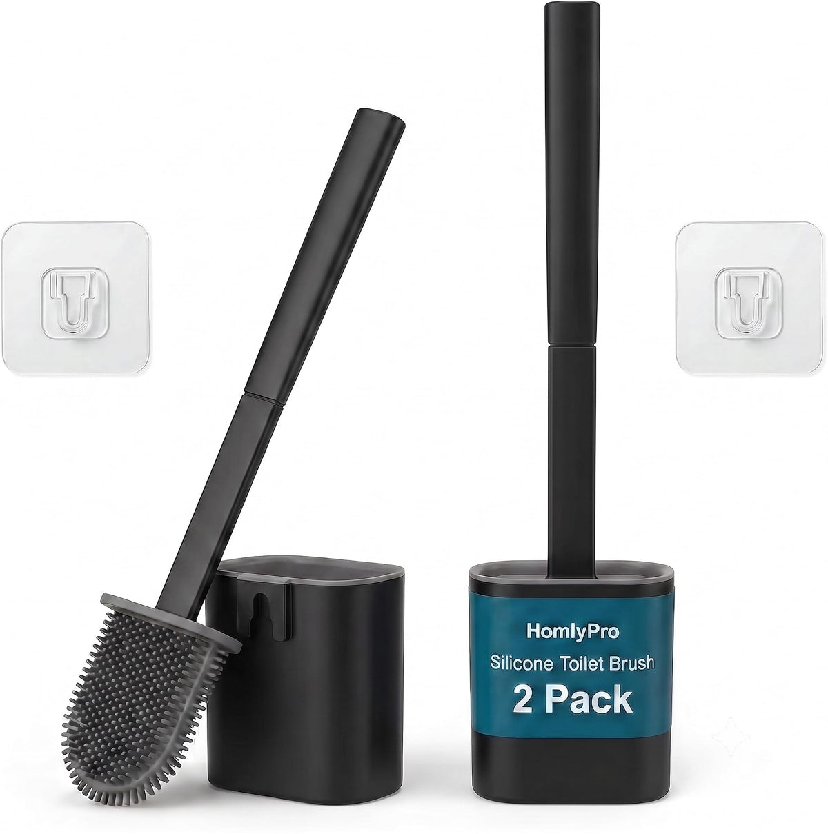 HomlyPro 2 Pack Silicone Toilet Brush and Holder Set, Deep Cleaning Flexible Bristles, Long Handle, Quick Drying Anti-Drip Base