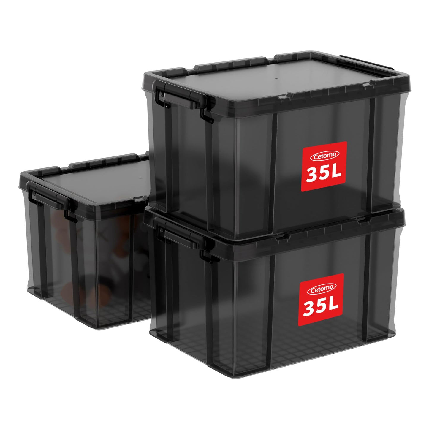 Cetomo 35L*3 Heavy-Duty Storage Boxes, Plastic Stackable Storage Box with Lids, Storage Bins with Reinforced Corners, Vertical Sides and Clip Closure