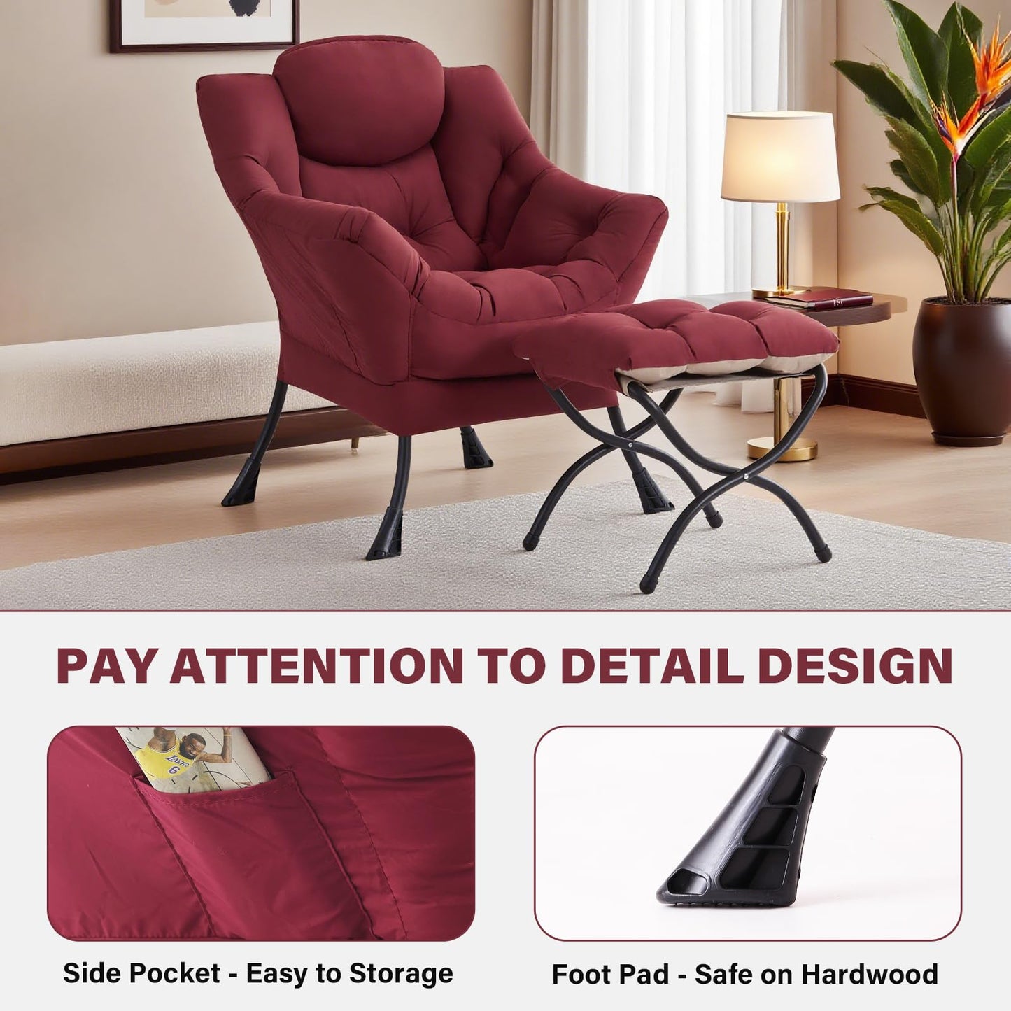 YOTATING Modern Lazy Chair with Ottoman, Accent Contemporary Lounge Leisure Upholstered Sofa Set with Armrests and a Side Pocket