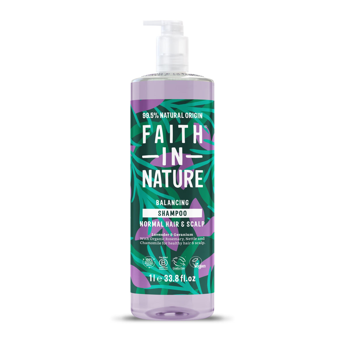 Faith In Nature 1L Natural Lavender & Geranium Shampoo, Balancing for Normal Hair & Scalp, Vegan & Cruelty Free, No SLS, Silcones or Parabens, Family