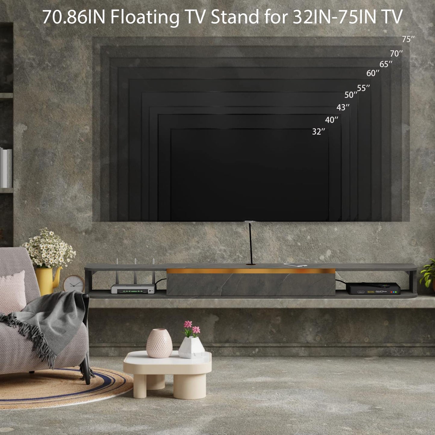 Pmnianhua Floating TV Stand, Wall Mounted Entertainment Center TV Media Console, Floating Shelves w/ Door