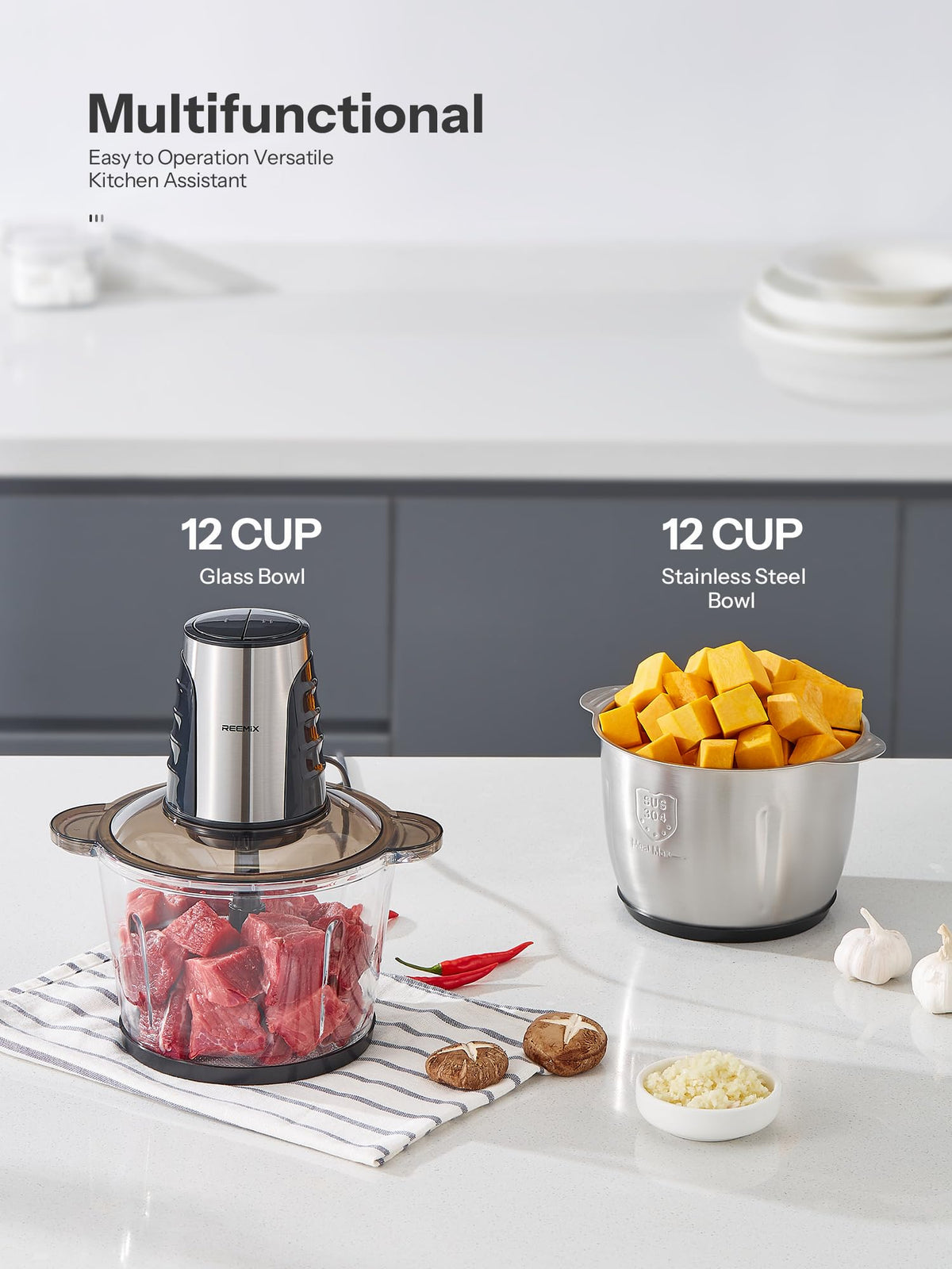 Food Processors with 2 Large Bowls (3L+3L), Mini Chopper Electric Food Chopper, 2 Speed, 1 Bi-Level Blades, Meat Mincer 500W Copper Motor for Baby