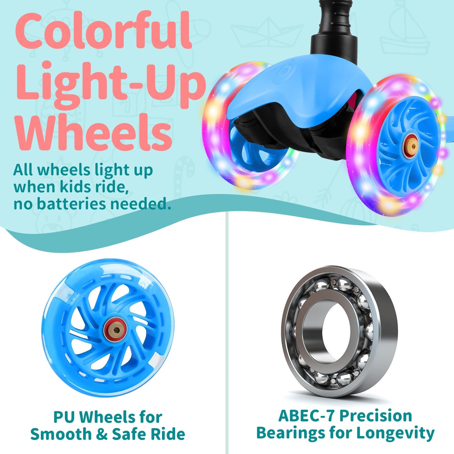 BELEEV Scooter for Kids Ages 2-6, 3 Wheel Scooter for Children Toddlers Girls Boys, Light-Up Wheels, 4 Adjustable Height, Lean to Steer, Non-Slip