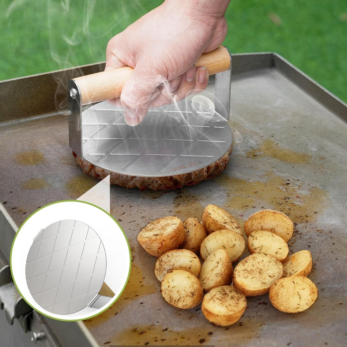onlyfire BBQ Griddle Accessories Kit, 2 x 16cm Burger Cover Cheese Melting Dome, Round Burge Smasher and Large Spatula Turner, Grill Accessories Tools