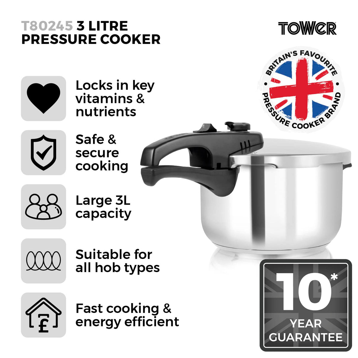 Tower T80245 Stainless Steel Pressure Cooker with Steamer Basket, 3 Litre, Stainless Steel, Silver