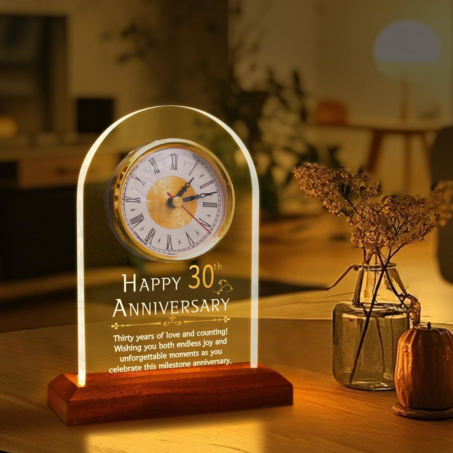 OkiyiD 30th Anniversary Wedding Gifts for Couples, 30 Years of Marriage, Light Up Anniversary Quartz Clock With LED Wooden Base for Home Decor,30th