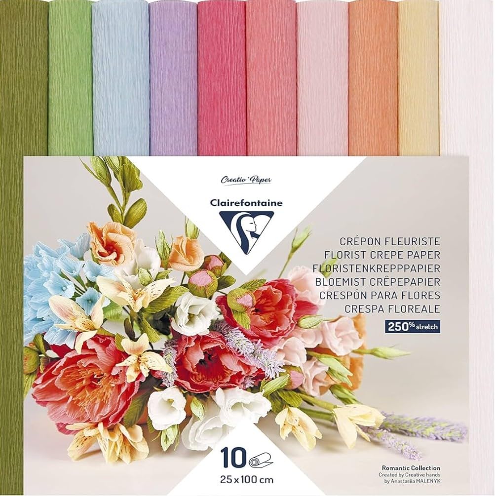 Clairefontaine 995000C 10 Rolls Crepe Florist Paper Format 25x100cm Elasticity 250% Grammage 160g Paper Flowers Beautiful Colours Ast 10 Pastel