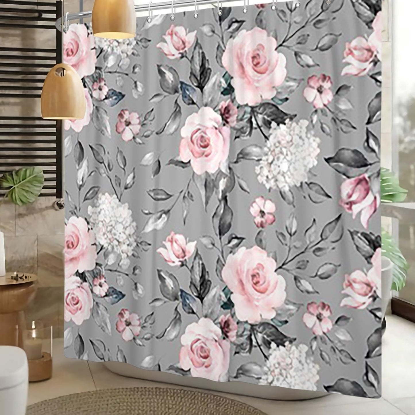 Xiaoterna Eucalyptus Leaf Shower Curtain Flower Plant Bathroom Curtain Vintage Pink Rose Flower with Green Leaf Plant Nature Aesthetic Shower Curtain