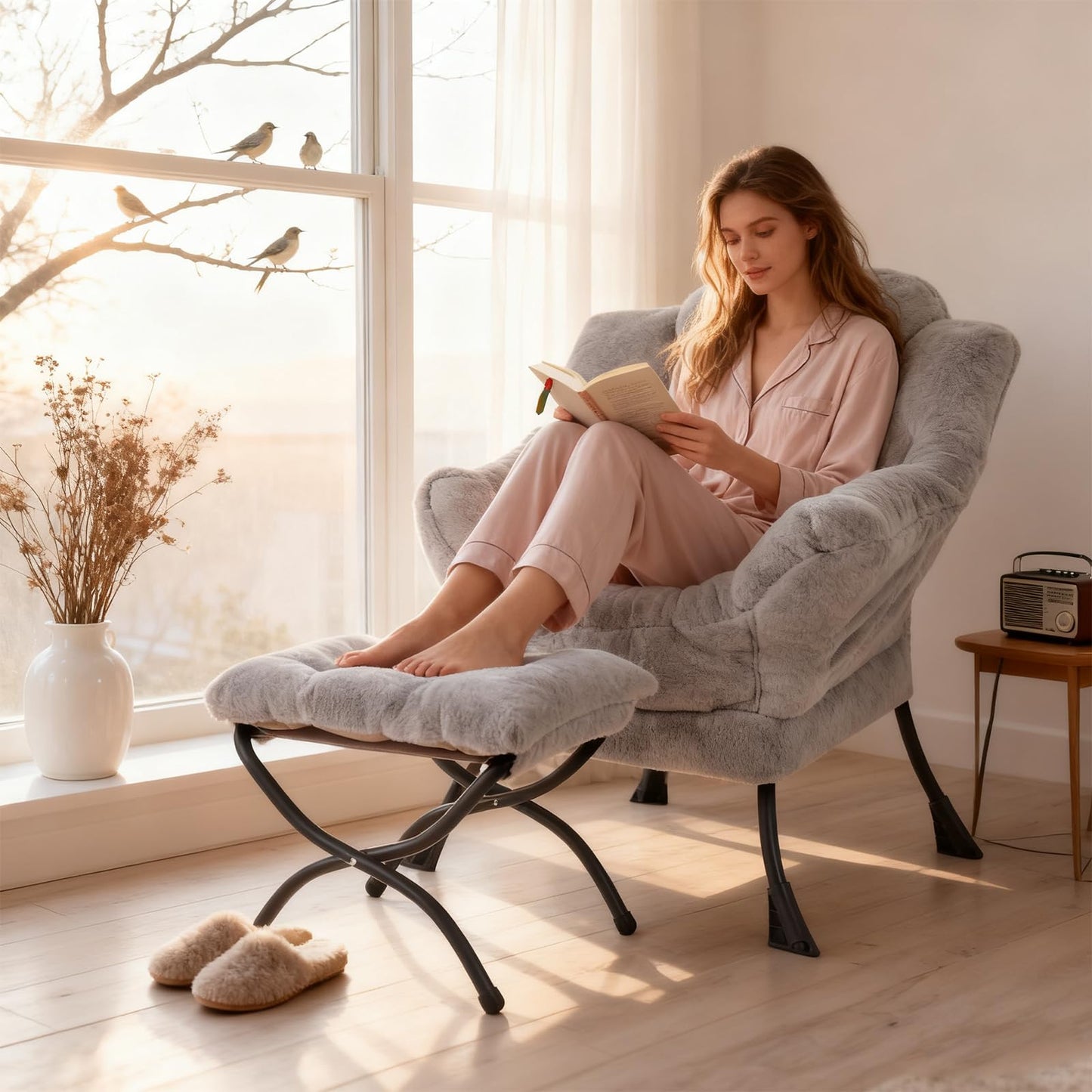 YOTATING Comfy Armchair with Footstool, Lazy Chair with Ottoman Leisure Accent Chair Relax Lounge Chair with Armrests & Side Pocket for Living Room