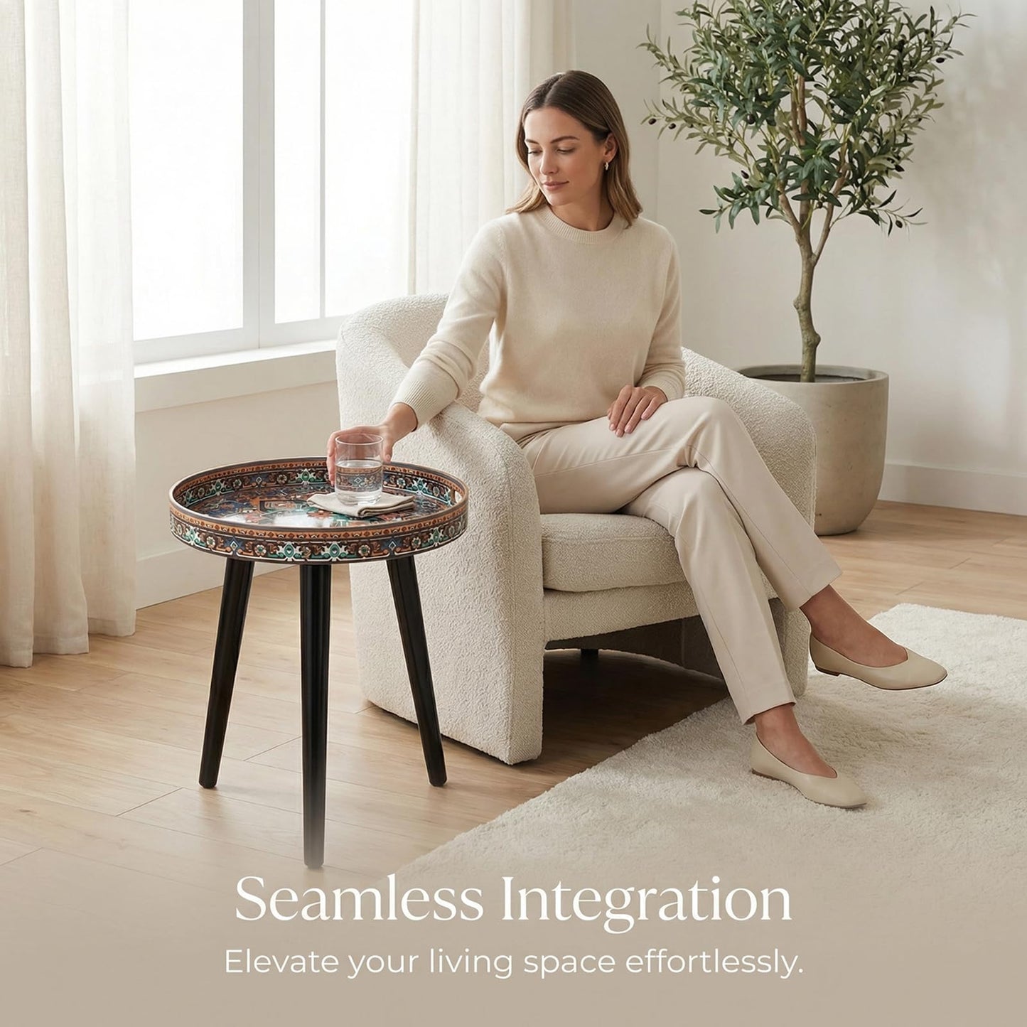 Simmer Stone Round Indoor Side Tables with Detachable Wooden 3 Legs, Versatile Tray Table, Perfect For Round Coffee Table Tea