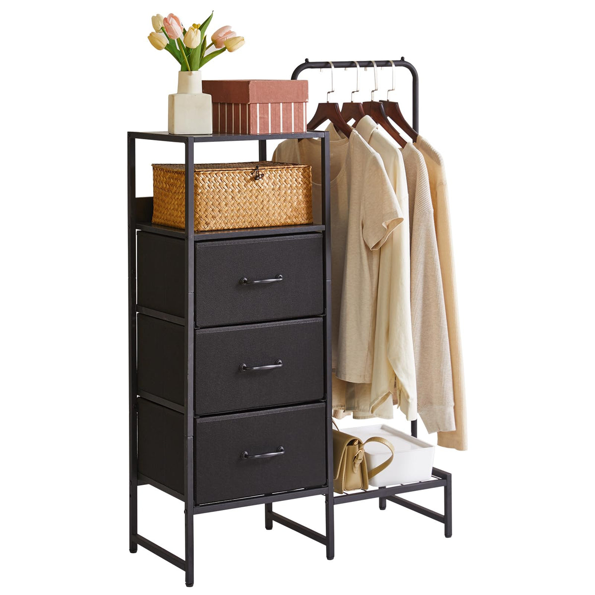 Aibiju Chest of Drawers with Shelves and Hanging Rod, 3 Drawers Small Coat Hanger, Reversible Clothes Rack for Hallway Entryway Bedroom Living Room,