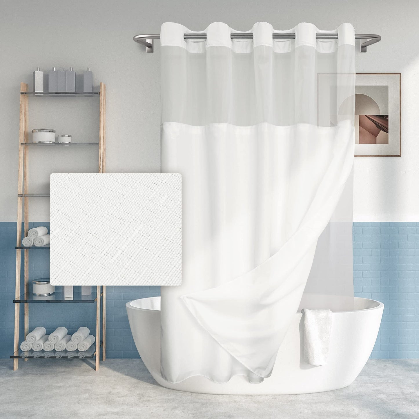 River Dream Long Shower Curtain Hookless Textured with PEVA Liner 71" x 80" Hotel Style with Sheer Window, Fabric Curtain and Waterproof Lining,