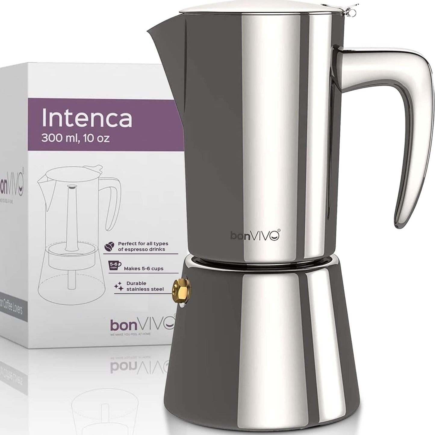 bonVIVO Moka Pot - Intenca, 300ml, Stainless Steel Espresso Maker w/Silver Chrome Finish - Stove Top Italian Coffee Maker - 6 Cup Coffee Pot - Gifts