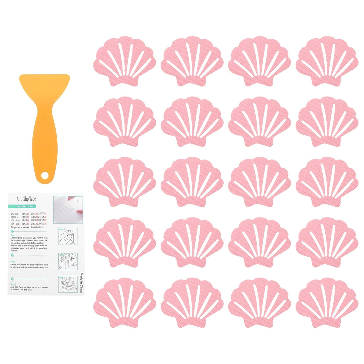 sourcing map 20Pcs Non-Slip Bathtub Stickers, 9x7 cm Shell Shape Shower Floor Non Slip Stickers with Scraper for Bathroom Shower Stairs Ladders, Pink