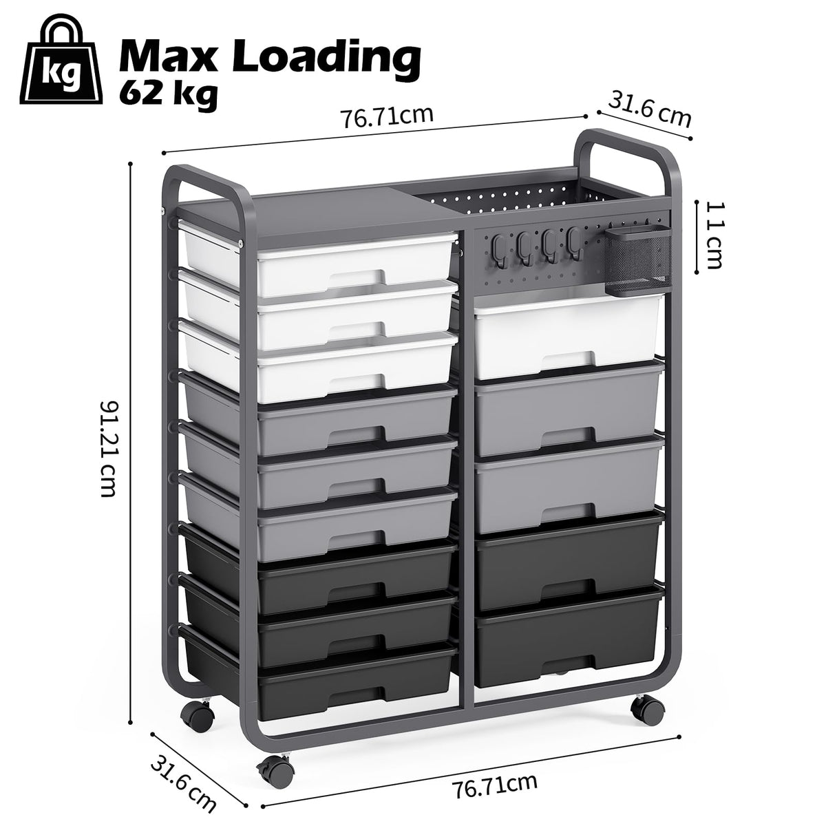 Rolling Storage Cart with 14 Drawers, Storage Organizer Cart with Tabletop and Pegboard,Utility Cart for Living Room, Classroom
