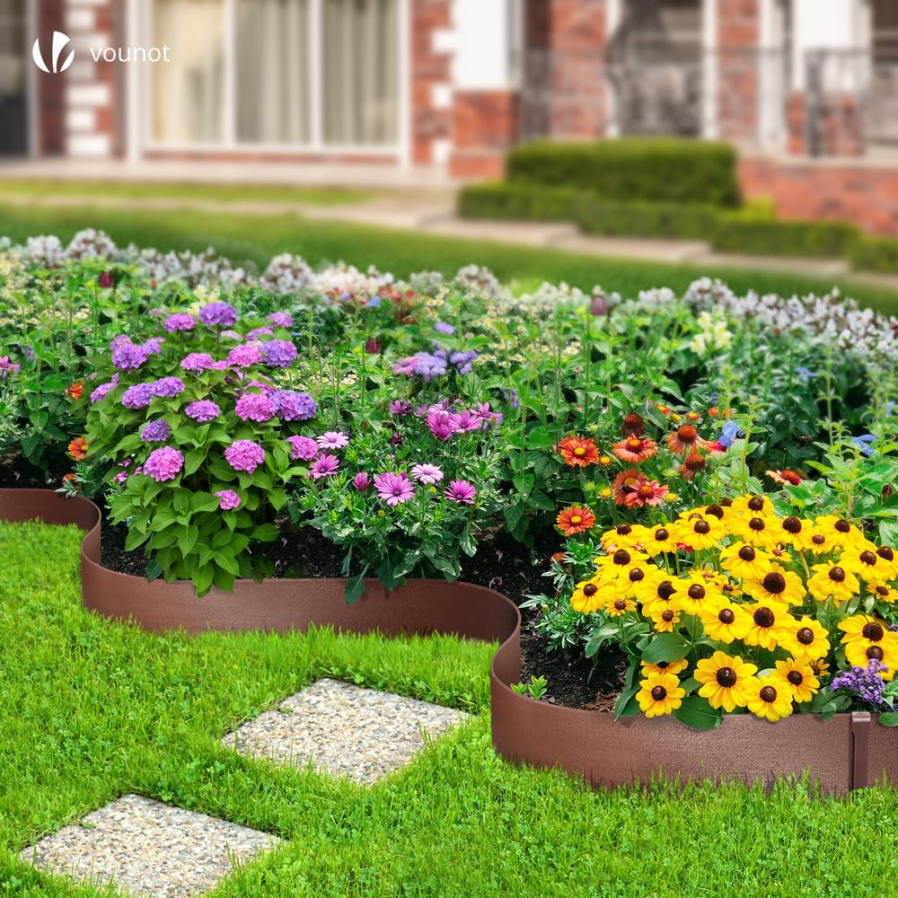 VOUNOT PE Garden Edging 20 Metres with 12 Anchor Pegs Flexible Lawn Edging Natural Look Height 13 cm Thickness 4 mm Brown