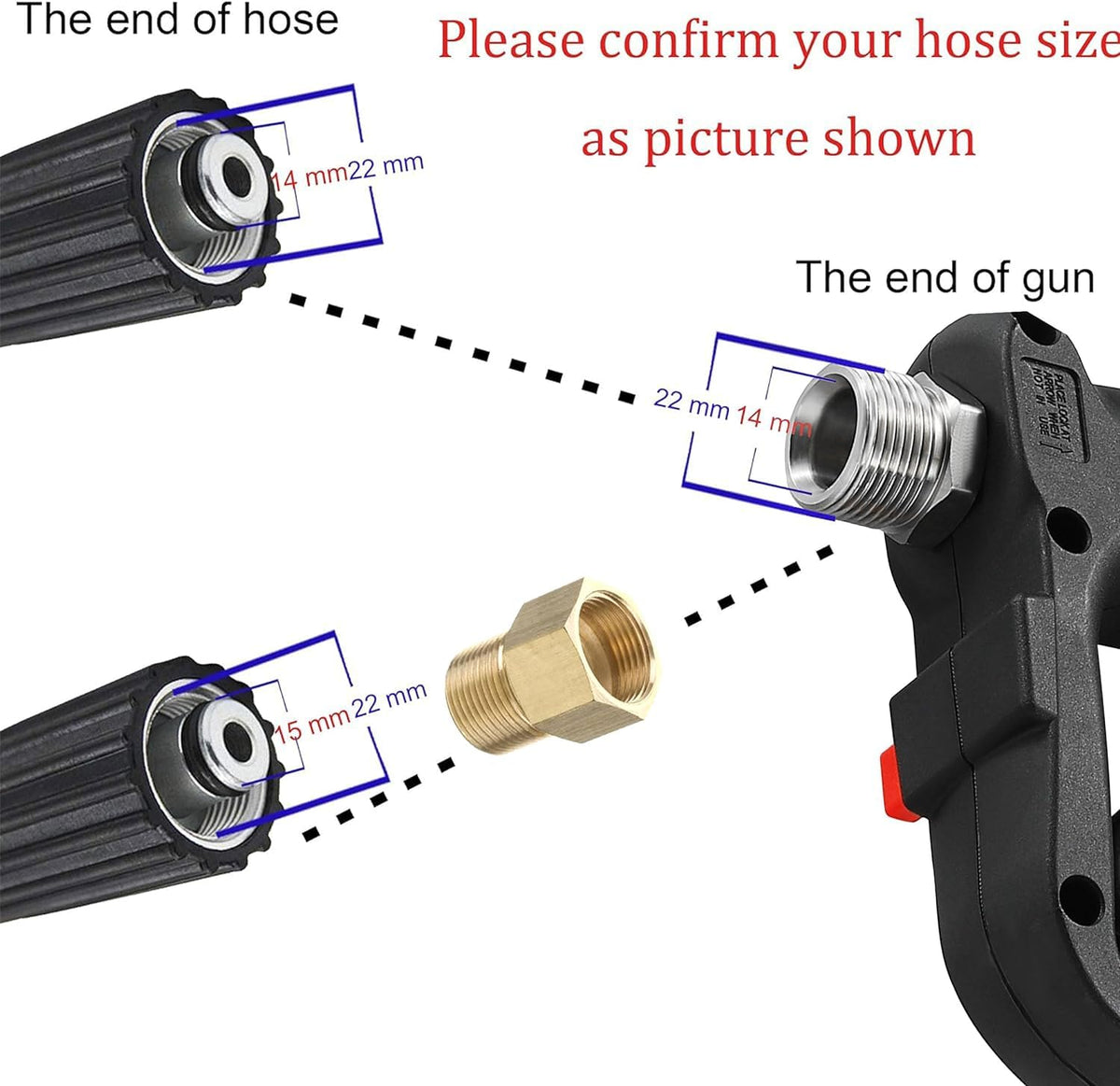 M MINGLE Short High Pressure Washer Gun, 5000 PSI, Replacement for Hot and Cold Water, M22 Fitting, 5 Nozzle Tips