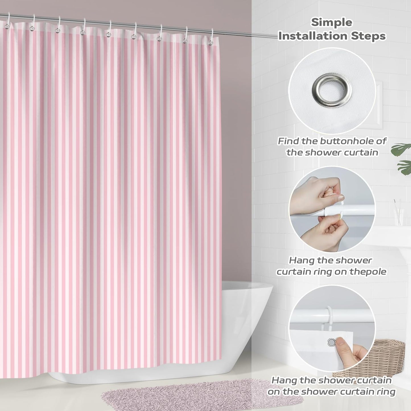 Hopomoon Pink and White Striped Shower Curtain,Vintage Pink Vertical Striped Geometric Waterproof Polyester Fabric Bath Curtain with 12 Hooks 72 x 72
