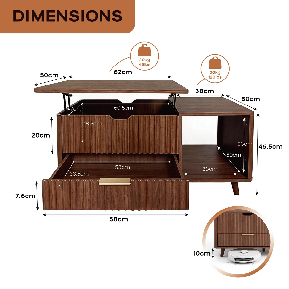 DAWNYIELD Lift Top Coffee Table, Fluted Design Lifting Tea Table, Oak