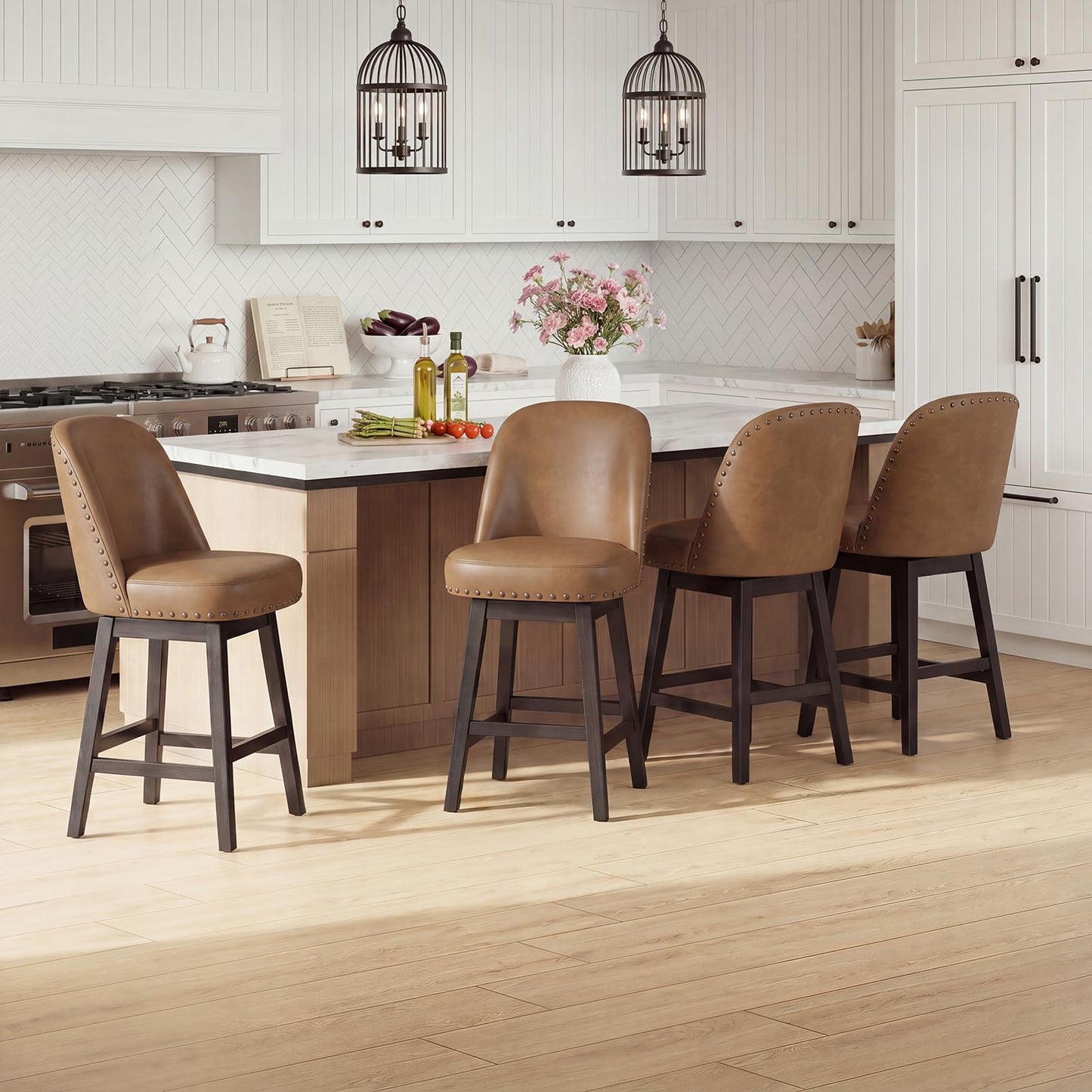 Bar Stools Set of 4, 360° Swivel Counter Stools with Upholstered Seat, Wooden Frame & Nailhead Trim