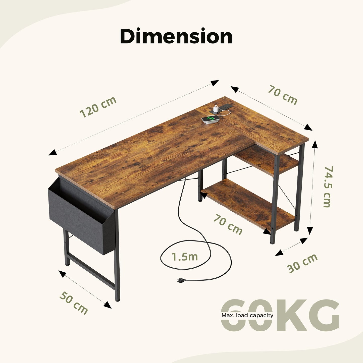 Mericonia Reversible Corner Desk, w. Power Outlets, 120x70cm, Brown