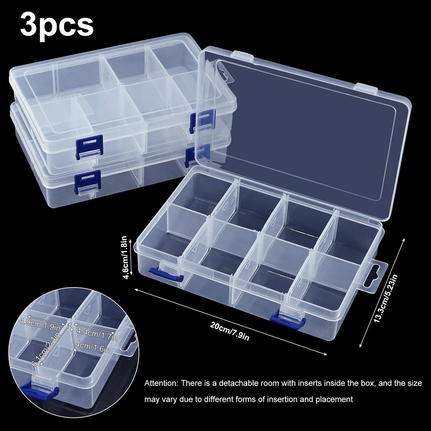 3Pcs Clear Craft Storage Boxes, Adjustable Dividers 8 Grids Plastic Tiered Organiser Diamond Embroidery Box