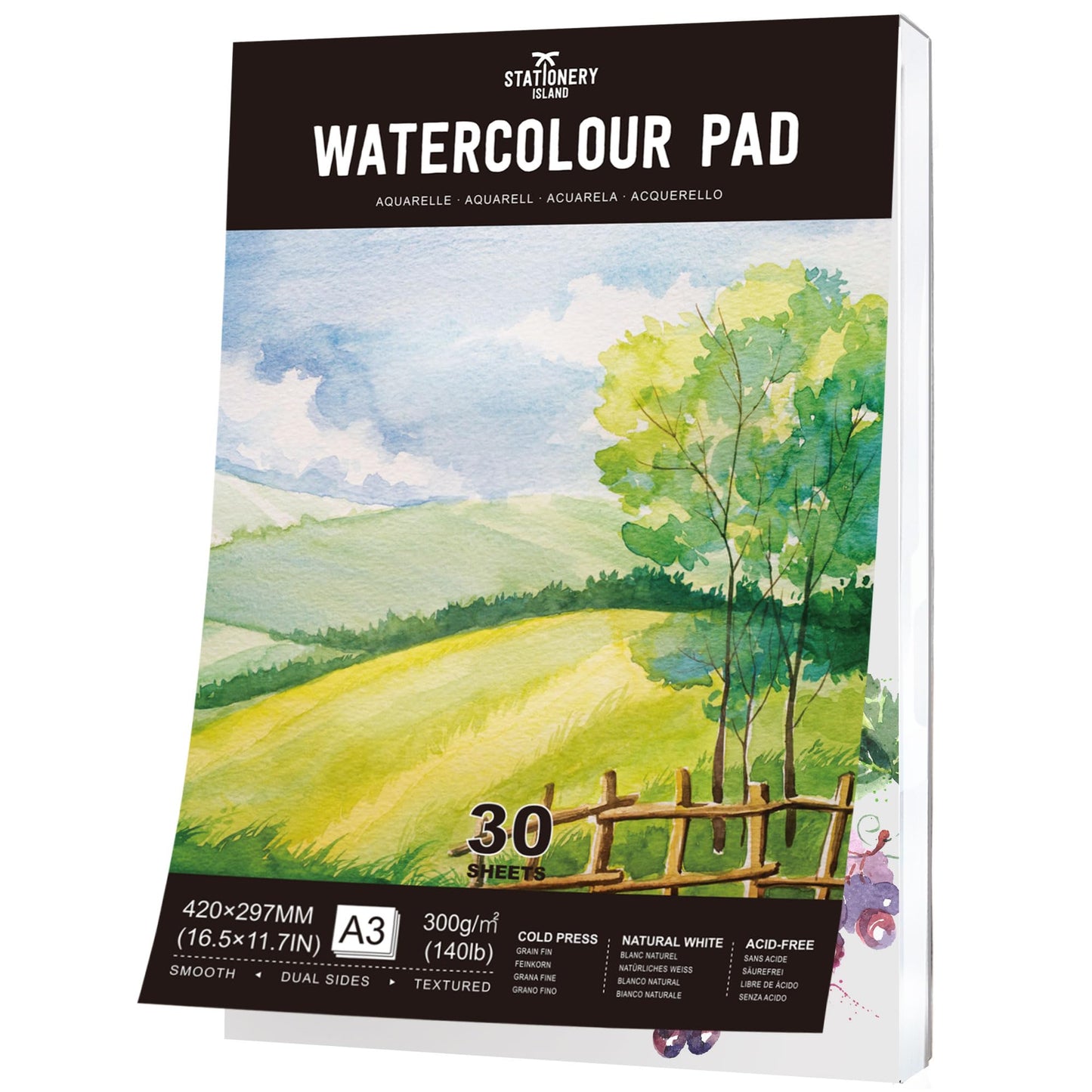 STATIONERY ISLAND Watercolour Paper A3 Pad, 30 Sheets Water Colour Paper 300gsm, Glue Bound, Cold-Pressed Texture, Watercolour Sketchbook for