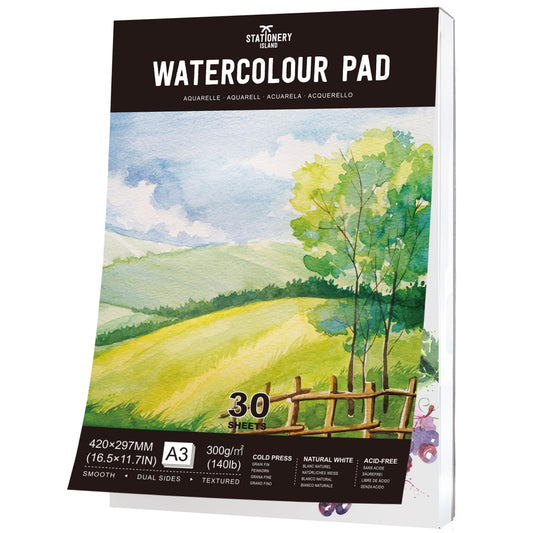 STATIONERY ISLAND Watercolour Paper A3 Pad, 30 Sheets Water Colour Paper 300gsm, Glue Bound, Cold-Pressed Texture, Watercolour Sketchbook for
