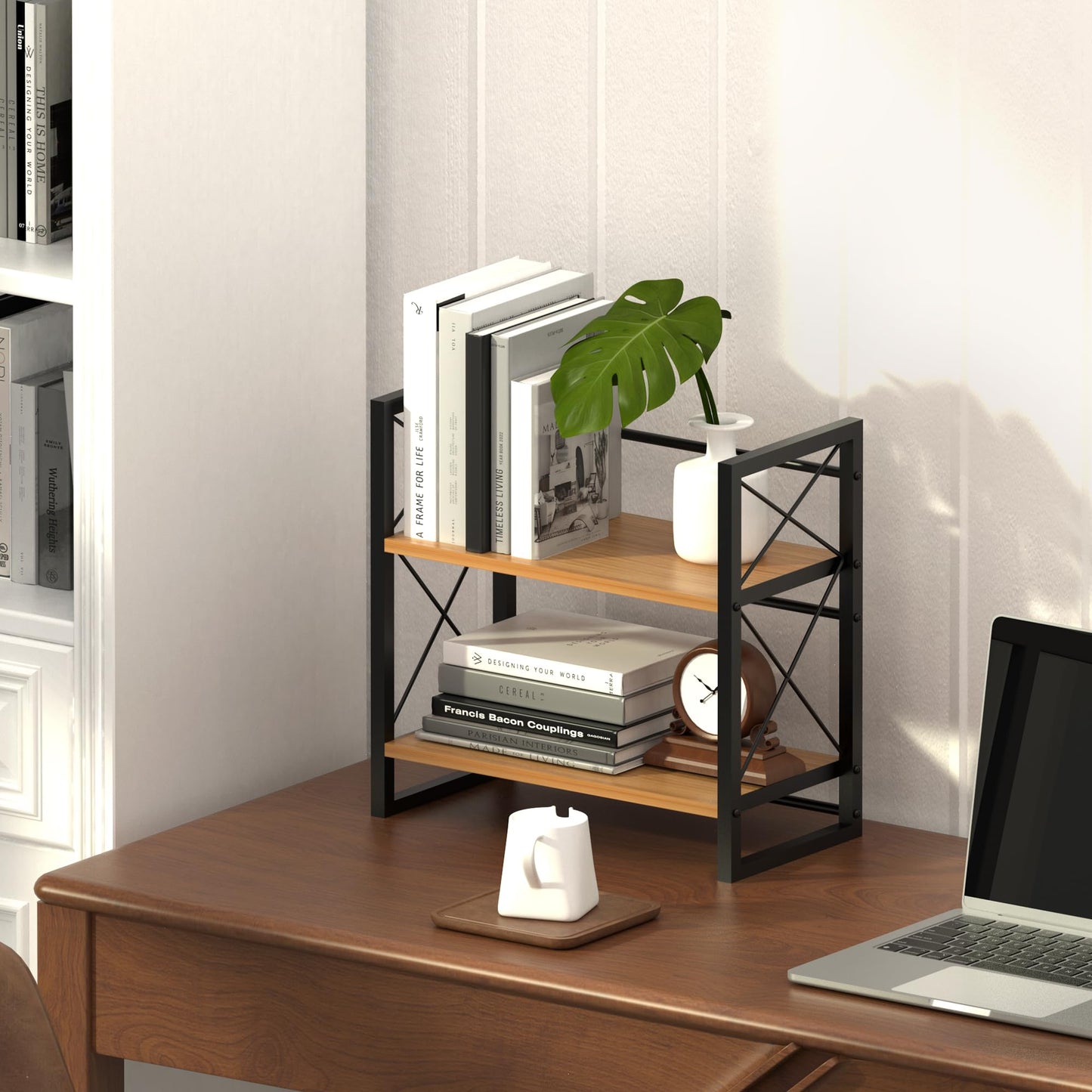 Alytree Desk Shelf Organizer, Wood Desktop Bookshelf Supplies Storage Rack, Shelf for Living Room, Bedroom, Kitchen and Office, Black