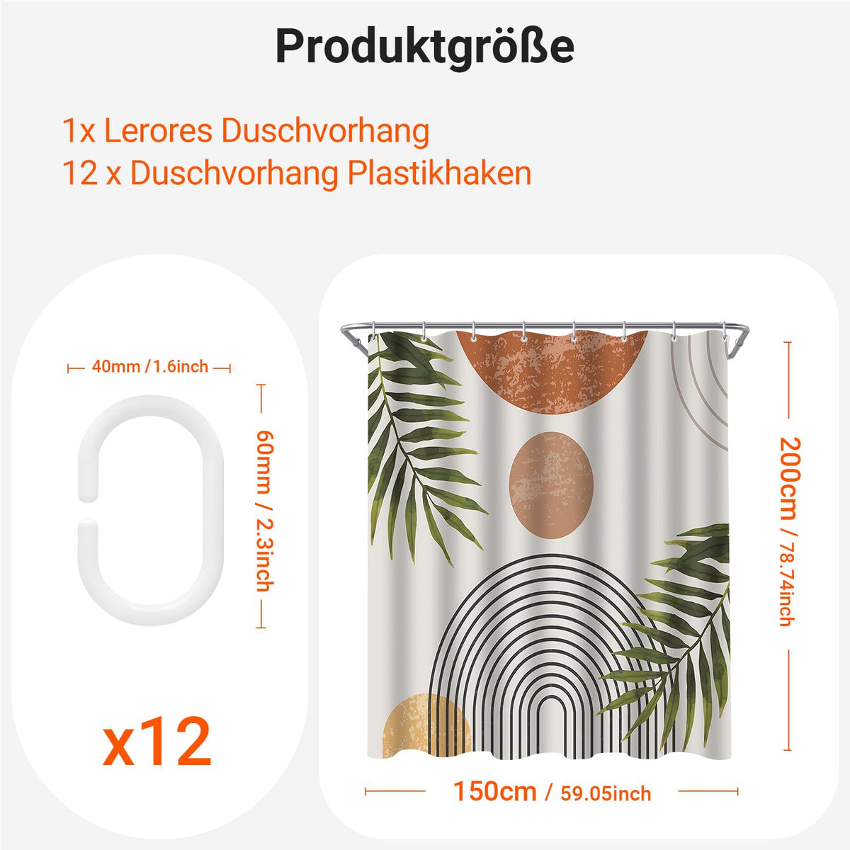 Lerores Shower Curtain, 150 x 200 cm, Leaf Line, Weighted Hem, Anti-Mould Textile, Water-Repellent