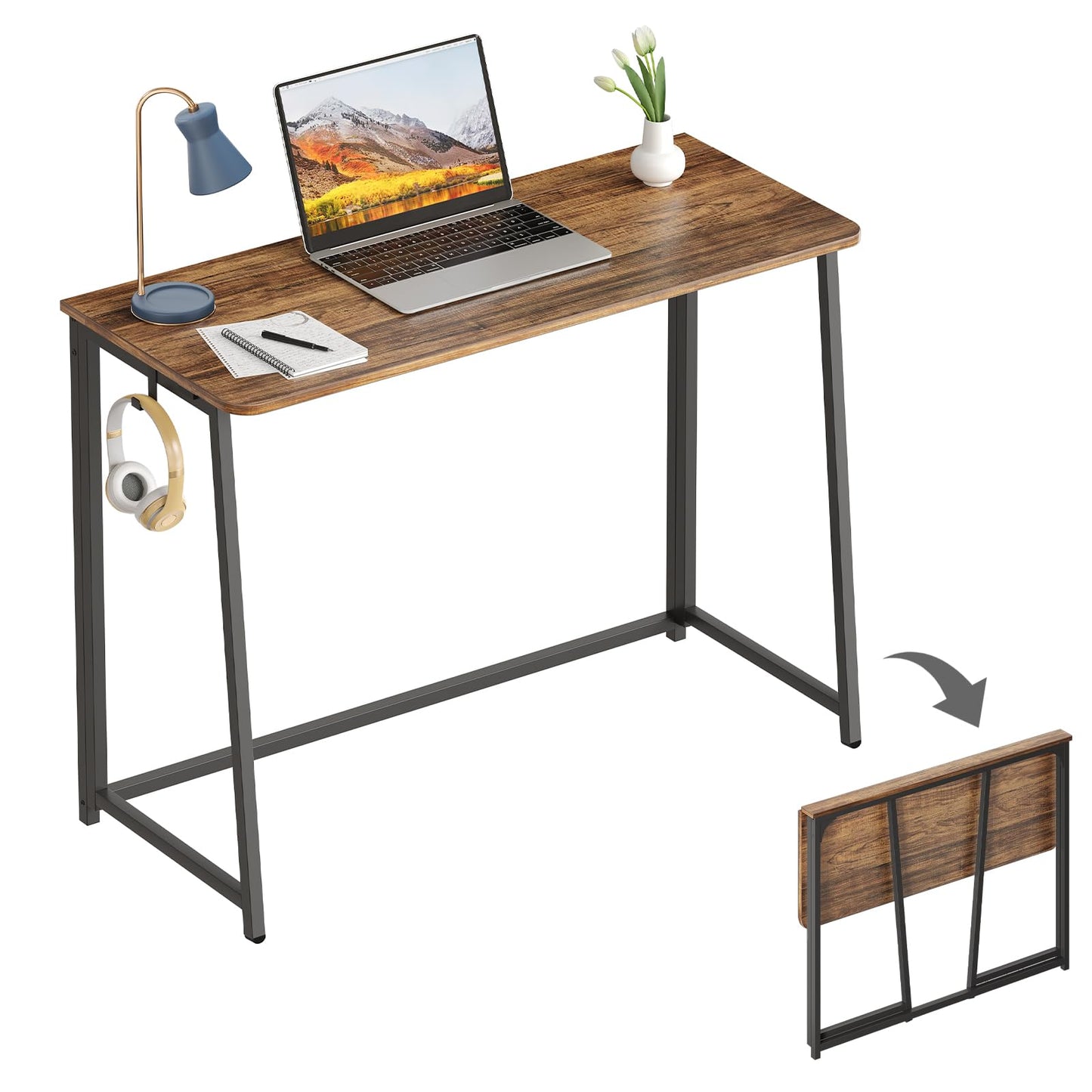 WOHOMO Folding Desk, 100cm Computer Table for Home Office, Rustic Walnut