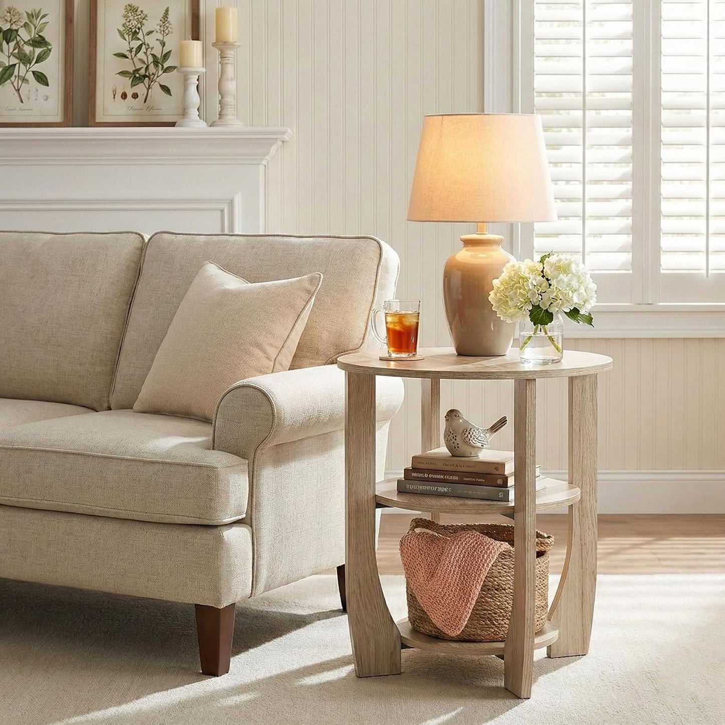 ZEXVIDA 3 Tier Round Side Table, Farmhouse Wood End Tables with Storage, Country Accent Small Sofa Bedside Table Coffee Table for Living Room Bedroom