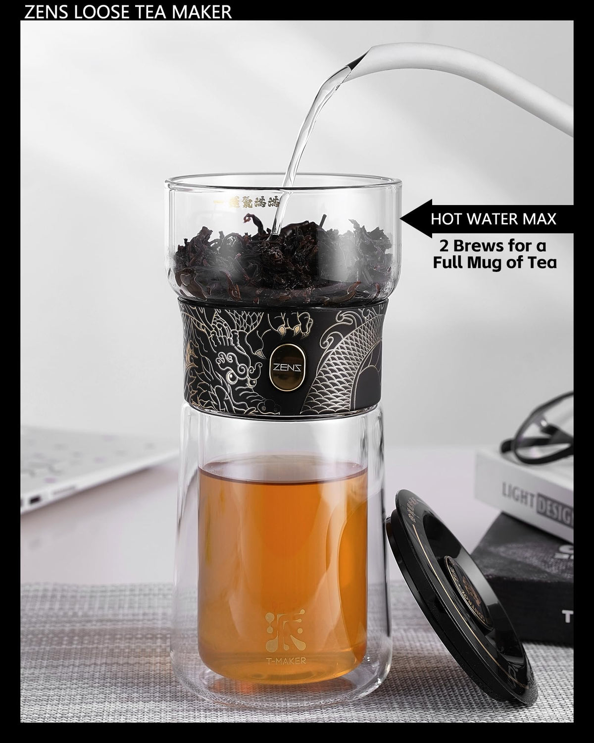 ZENS Cool Glass Teapot with Infuser, Smart One Touch Tea Maker, Loose Tea Infuser Pot with Insulated Cup and Portable Carry Case for Hot Tea