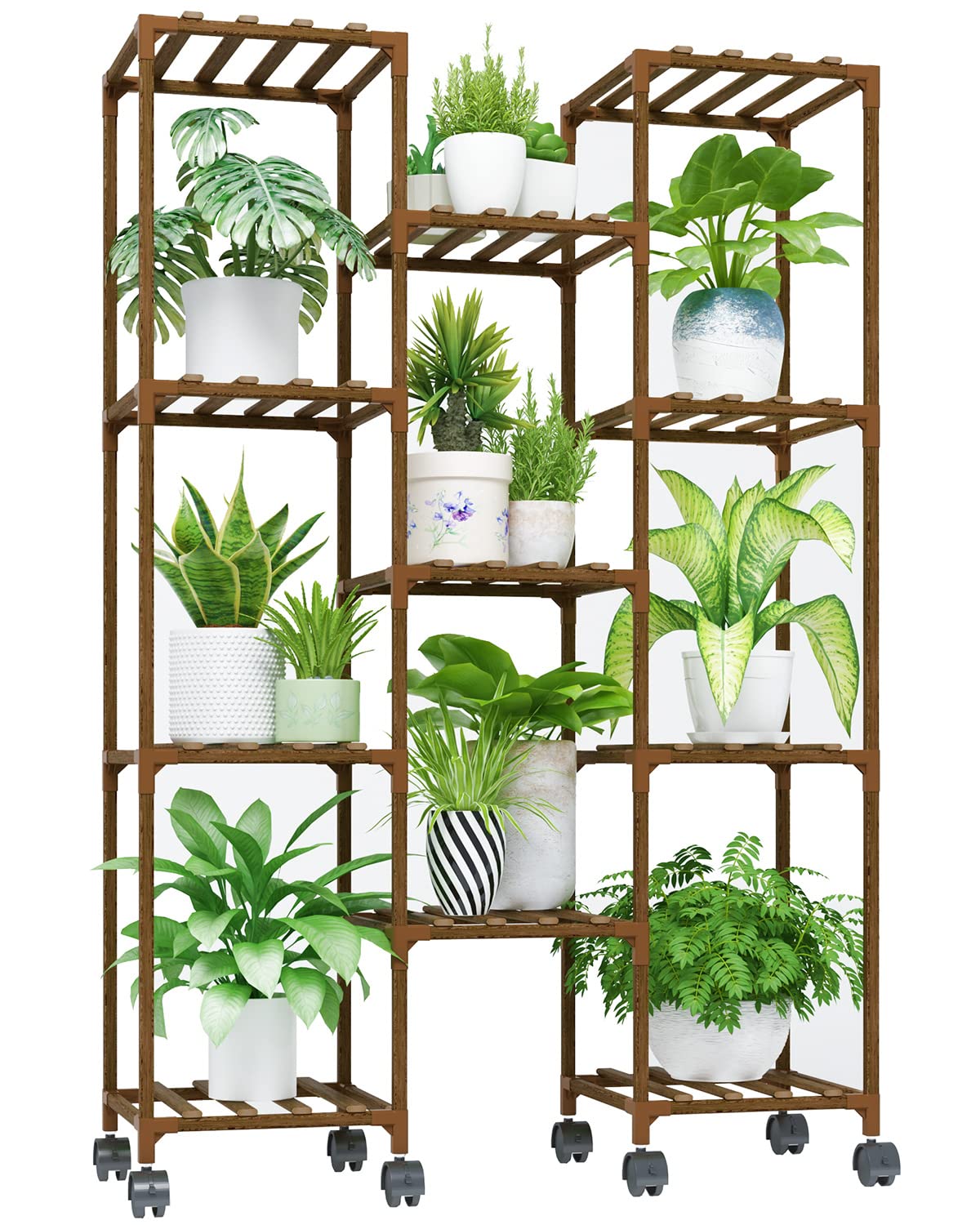 Bamworld Plant Stand With Wheels Indoor Outdoor Wood Plants Shelf for Multiple Plants 11 Pots Tall Large Flower Holder for Living Room Patio Balcony