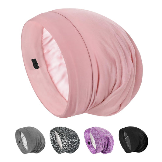 SOLZEK Mulberry Silk Bonnet for Sleeping Hair Wrap Men Women Curly Adjustable Night Cap for Natural Hair Anti Frizz Stay on, Pink, One Size
