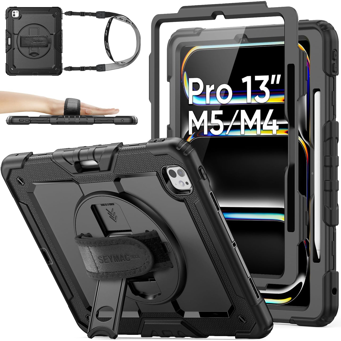 SEYMAC stock Case for iPad Pro 13 inch 2025/2024 (M5/M4), Full-body Shockproof Case with Screen Protector, 360? Rotating Stand/Hand Strap, Pencil