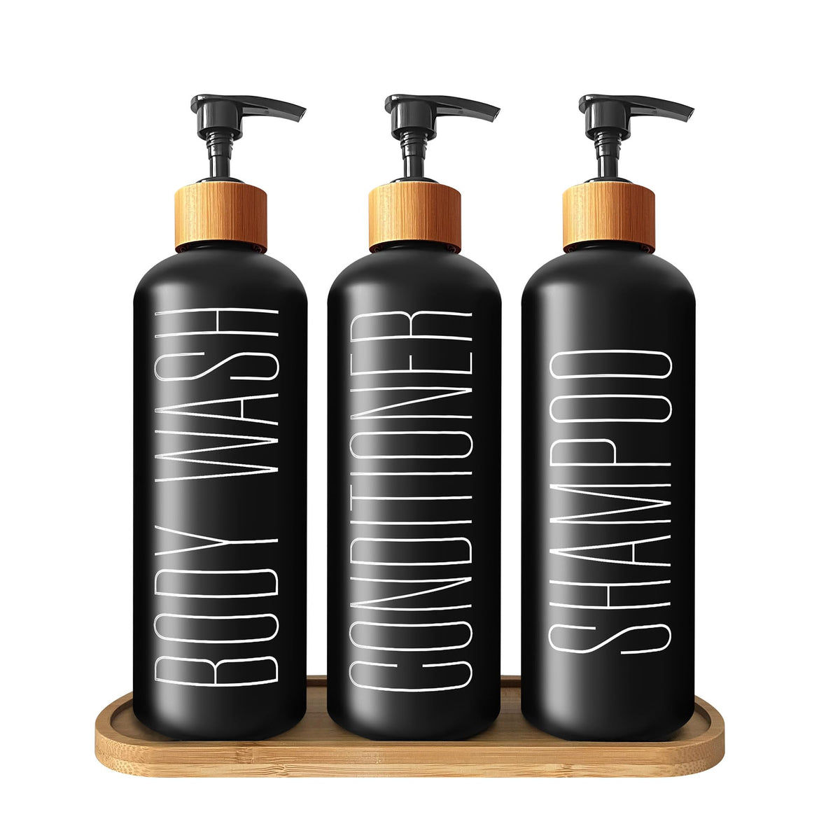 Black Glass Shampoo & Conditioner Dispenser Set with Bamboo Pumps & Tray - 3 Refillable Bottles for Shower, Pre-Labelled for Body Wash, Shampoo,