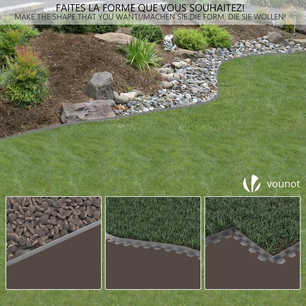 VOUNOT 20m Flexible Lawn Edging, Plastic Garden Edging Border with 60 Strong Securing Pegs, Height 5cm, Grey