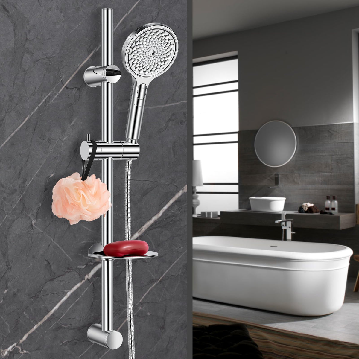 Ronvie Shower Riser Rail Kit with 4 Spray Modes Handheld Showerhead, 1.5m Stainless Steel Hose, Adjustable 73cm Riser Rail and Soap Dish,