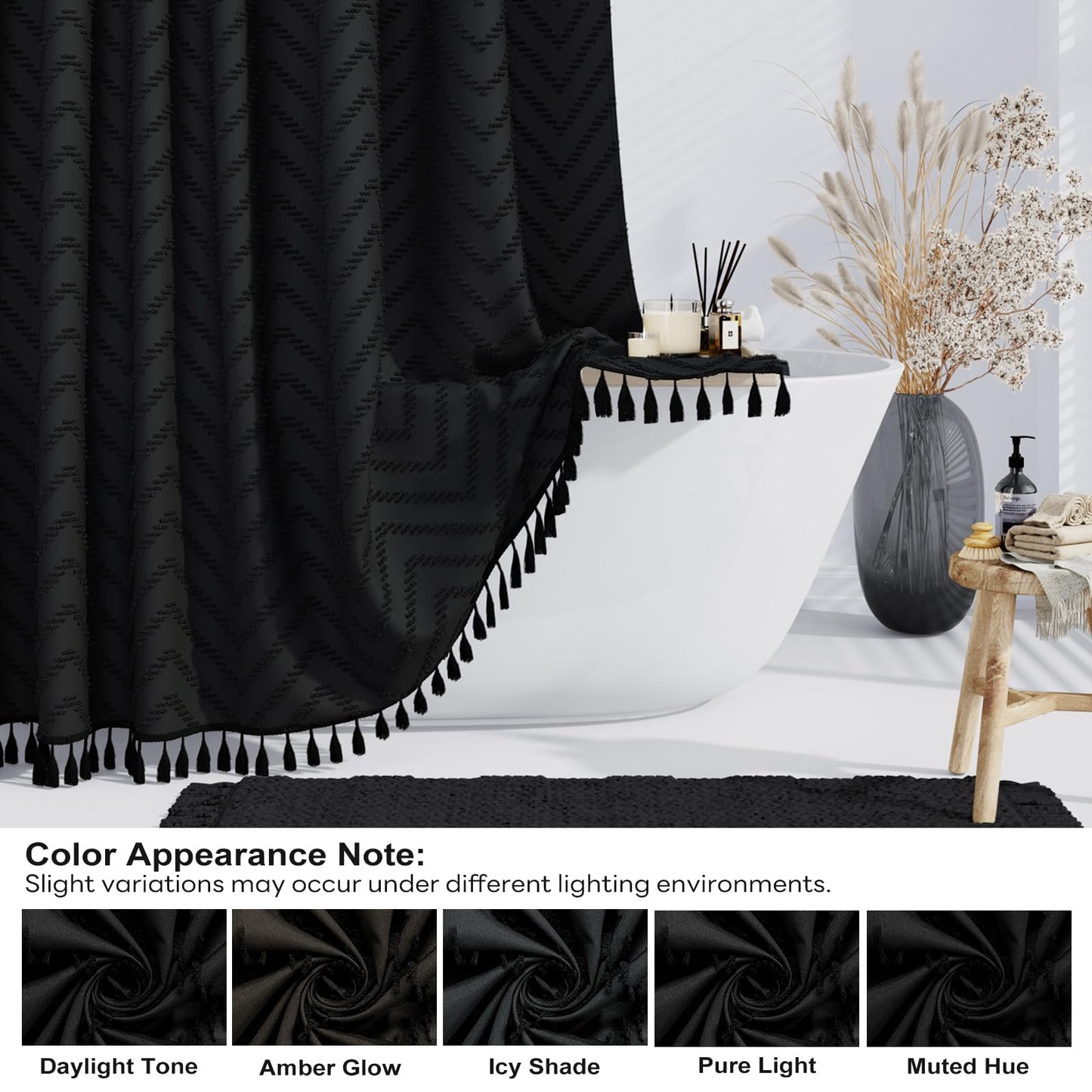 BTTN Narrow Boho Tufted Chevron Shower Curtain, Waterproof, 92x186cm, Black