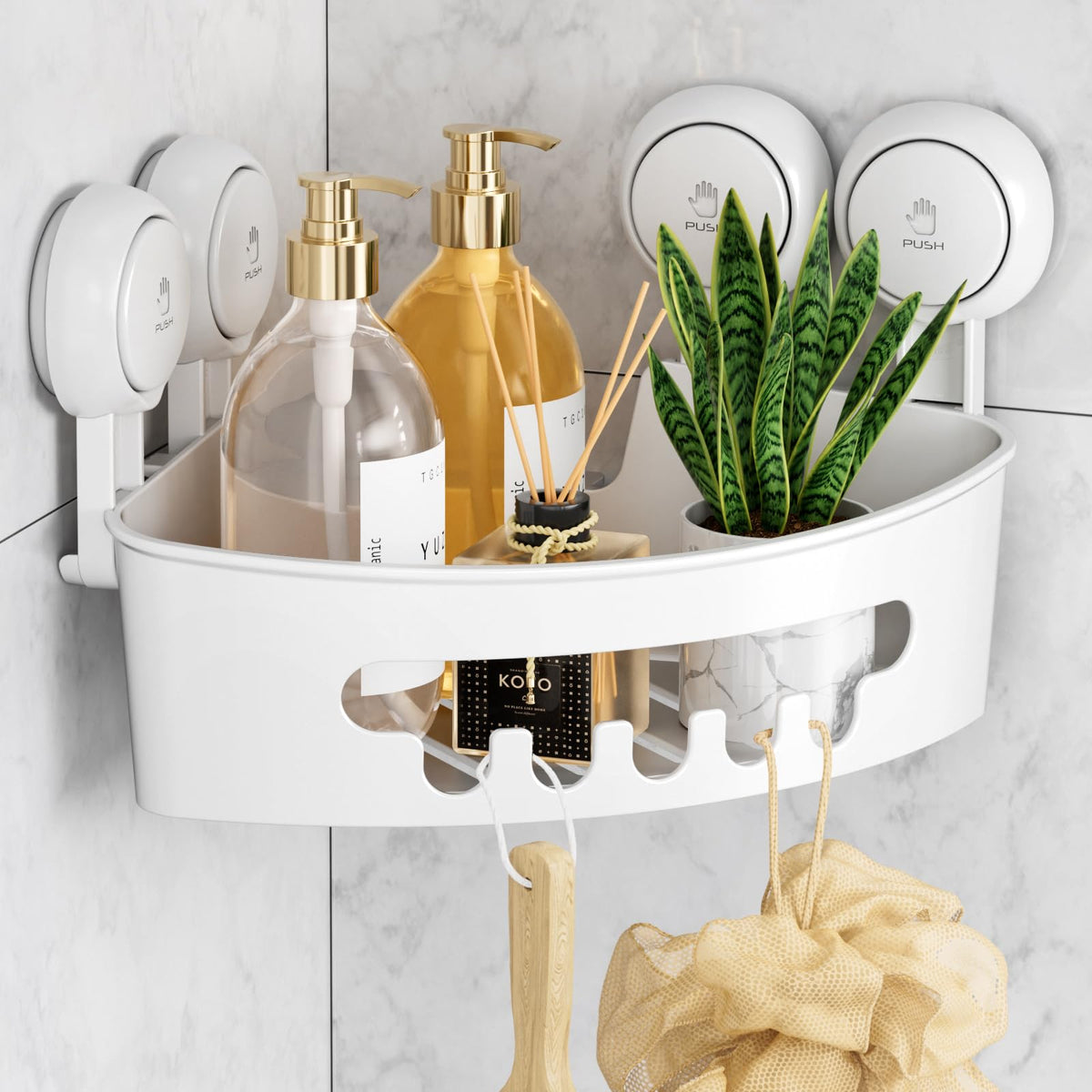 LEVERLOC Corner Suction Shower Caddy Bathroom Storage Basket No-Drilling Rust Free Removable Waterproof Shower Shelf Shampoo Organizer for Room