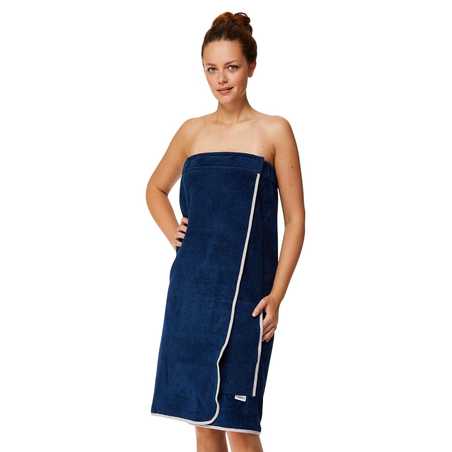 Sowel? Towel Wrap for Women, Wrap Around Towel with Hook and Loop Fasteners, Sauna Kilt, Sarong, 100% Organic Cotton, 80 x 130 cm, Navy/Grey