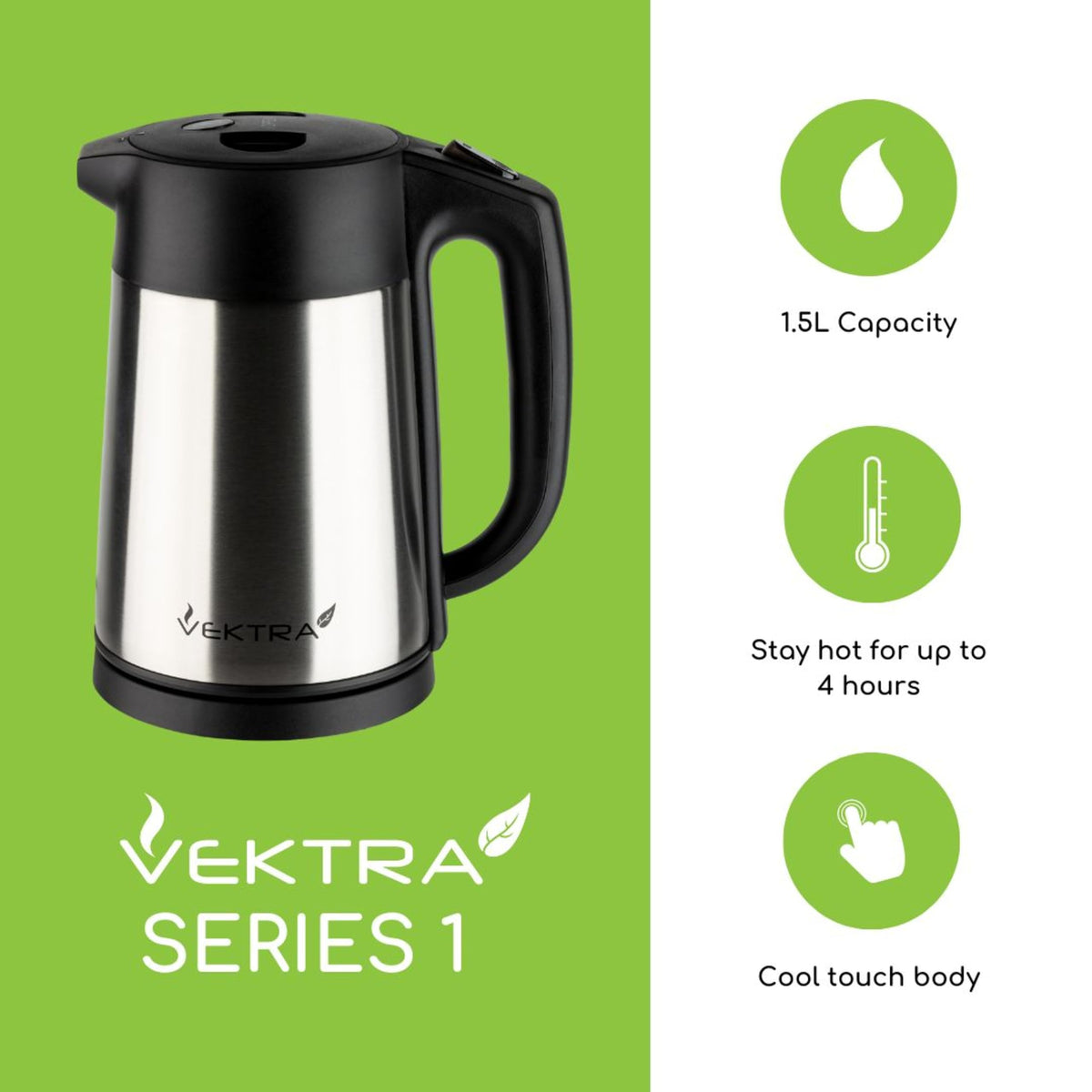 Vektra VEK-1506 Vacuum Insulated Enviromentally Eco Friendly Easy Pour Cordless Kettle, 1.5 Litre, Stainless Steel