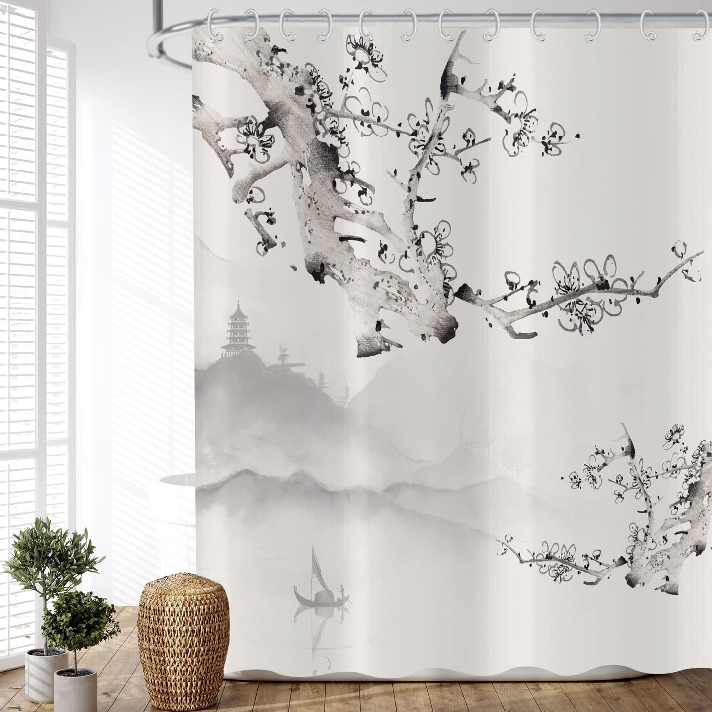ASDCXZ Shower Curtain Plum Flower 180x180 cm, Asian Chinese Watercolor Grey Plum Flower Boat Washable Shower Curtains Polyester Textile Waterproof