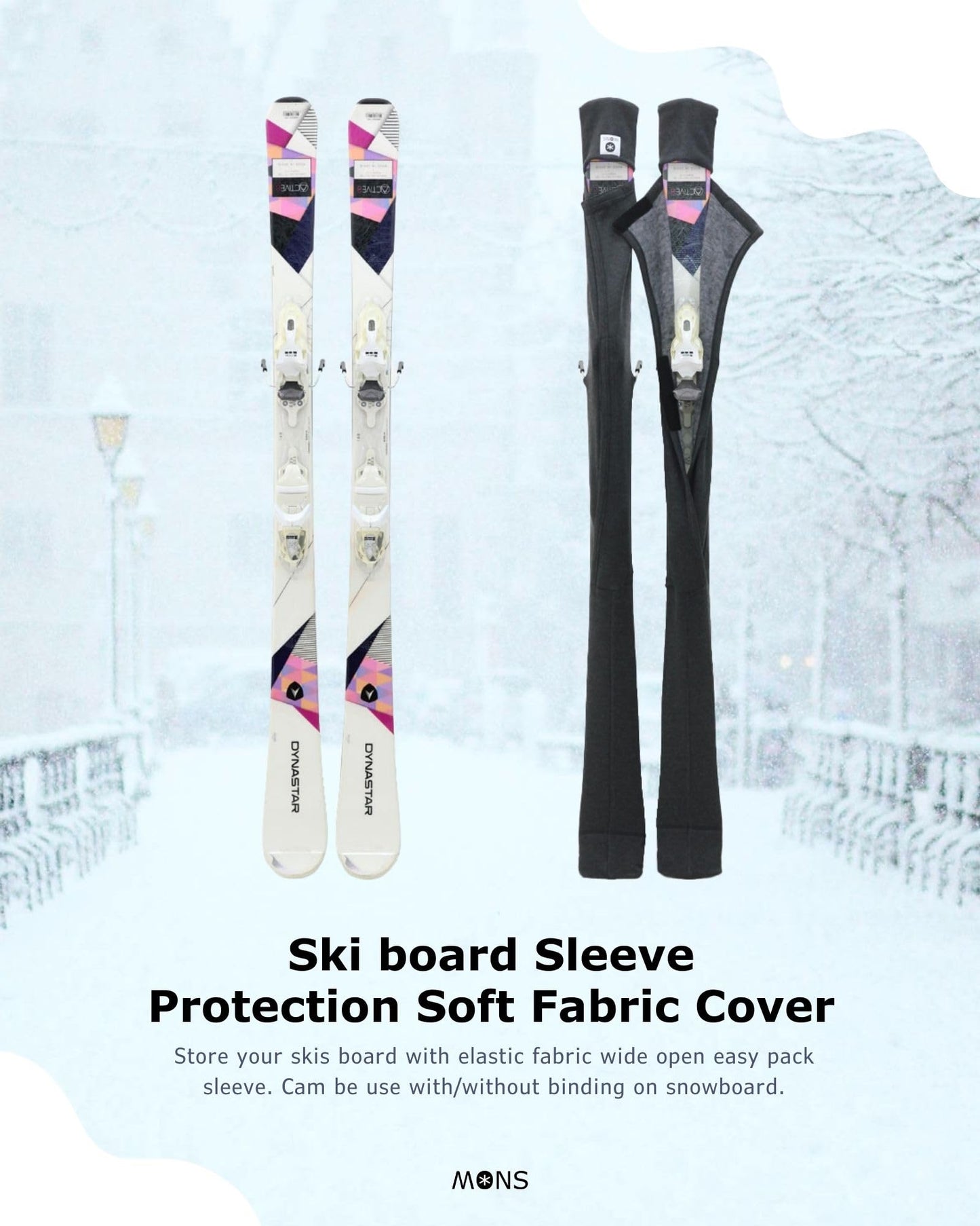 MONS Snow Skis Protection Fabric Soft Sleeve Cover Wide Open Easy Pack (L)