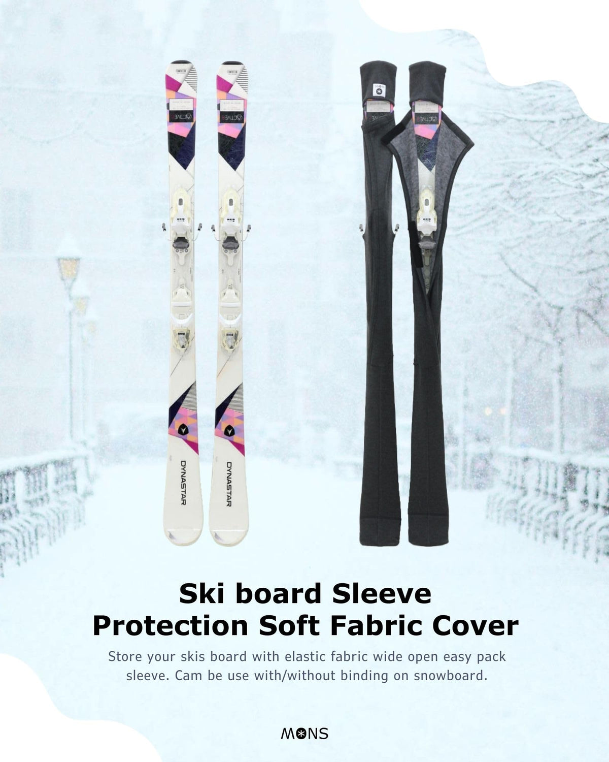 MONS Snow Skis Protection Fabric Soft Sleeve Cover Wide Open Easy Pack (M)