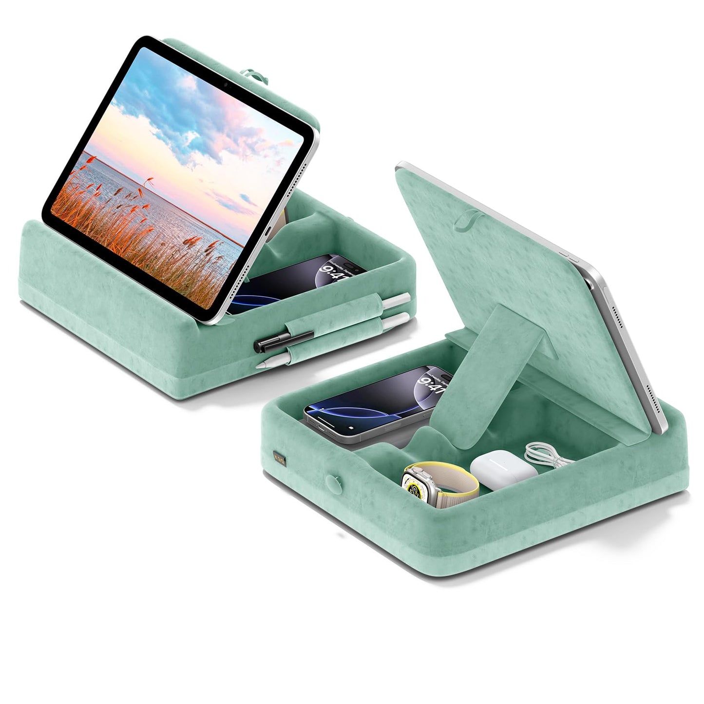 KDD Tablet Pillow Holder, Foldable ipad Cushion Pillow Stand with Storage and Stylus Mount for Bed, Lap, Desk, Adjustable Tablet Rest Cushion for iPad