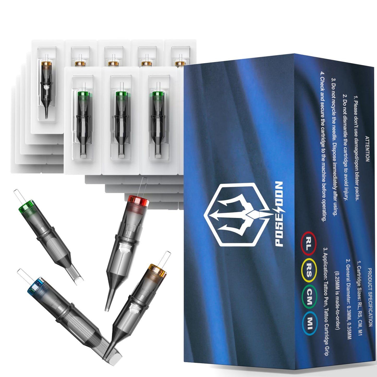 Poseidon Tattoo Cartridge Needles 50Pcs Assorted Mixed Size Round Liner Shader Magnum Curved/Round Mag 5rl 7rl 9rl 5rs 7rs 9rs 15m1 21m1 15cm 21cm